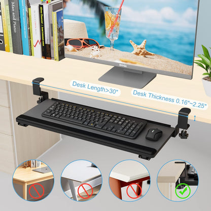 Keyboard Tray under Desk Slide Out,Keyboard Drawer Clamp on Keyboard Tray with Wrist Rest Keyboard Holder for Home Office School 26" (30" Including Clamps) X 10" Dark Gray