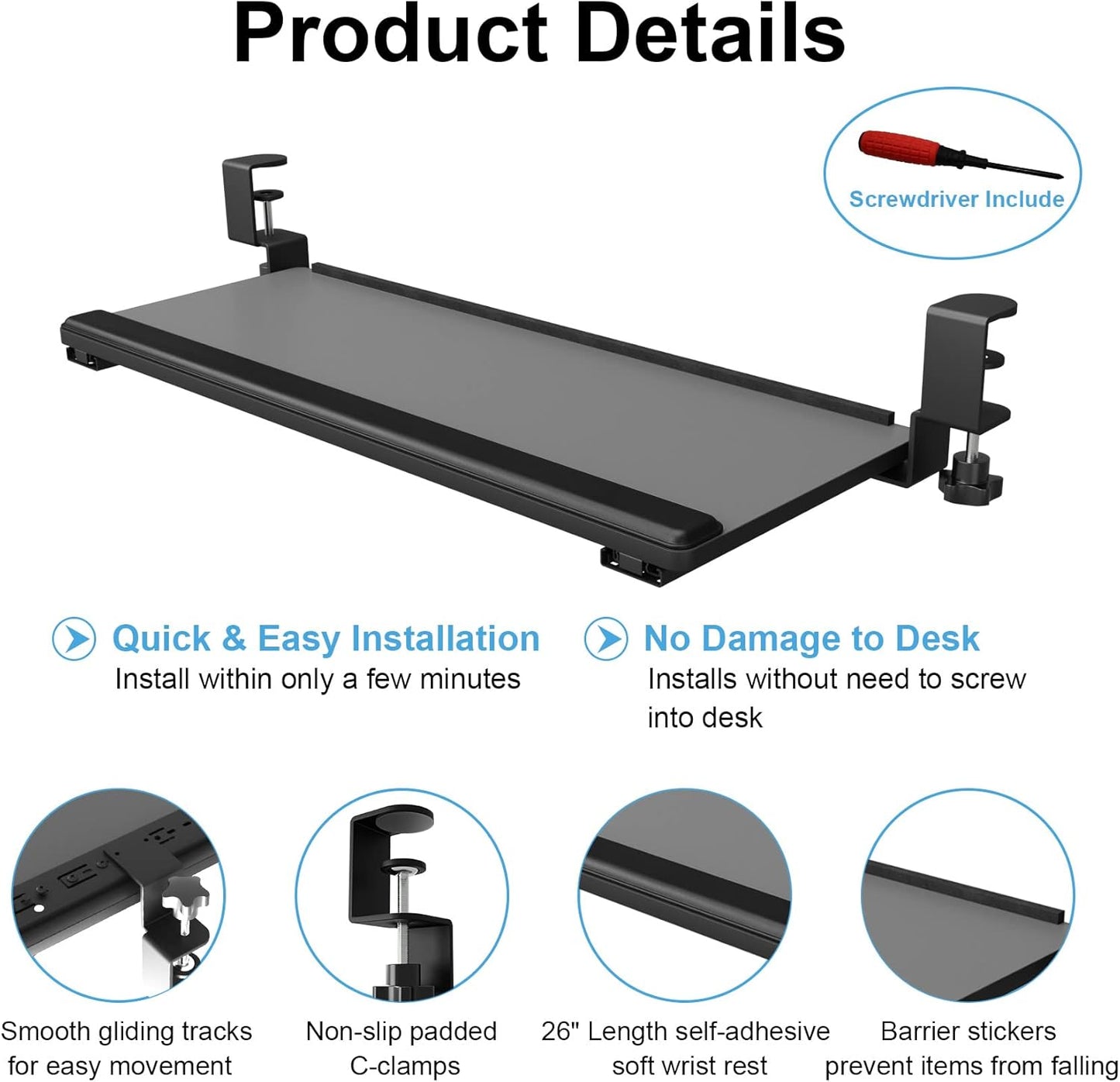 Keyboard Tray under Desk Slide Out,Keyboard Drawer Clamp on Keyboard Tray with Wrist Rest Keyboard Holder for Home Office School 26" (30" Including Clamps) X 10" Dark Gray