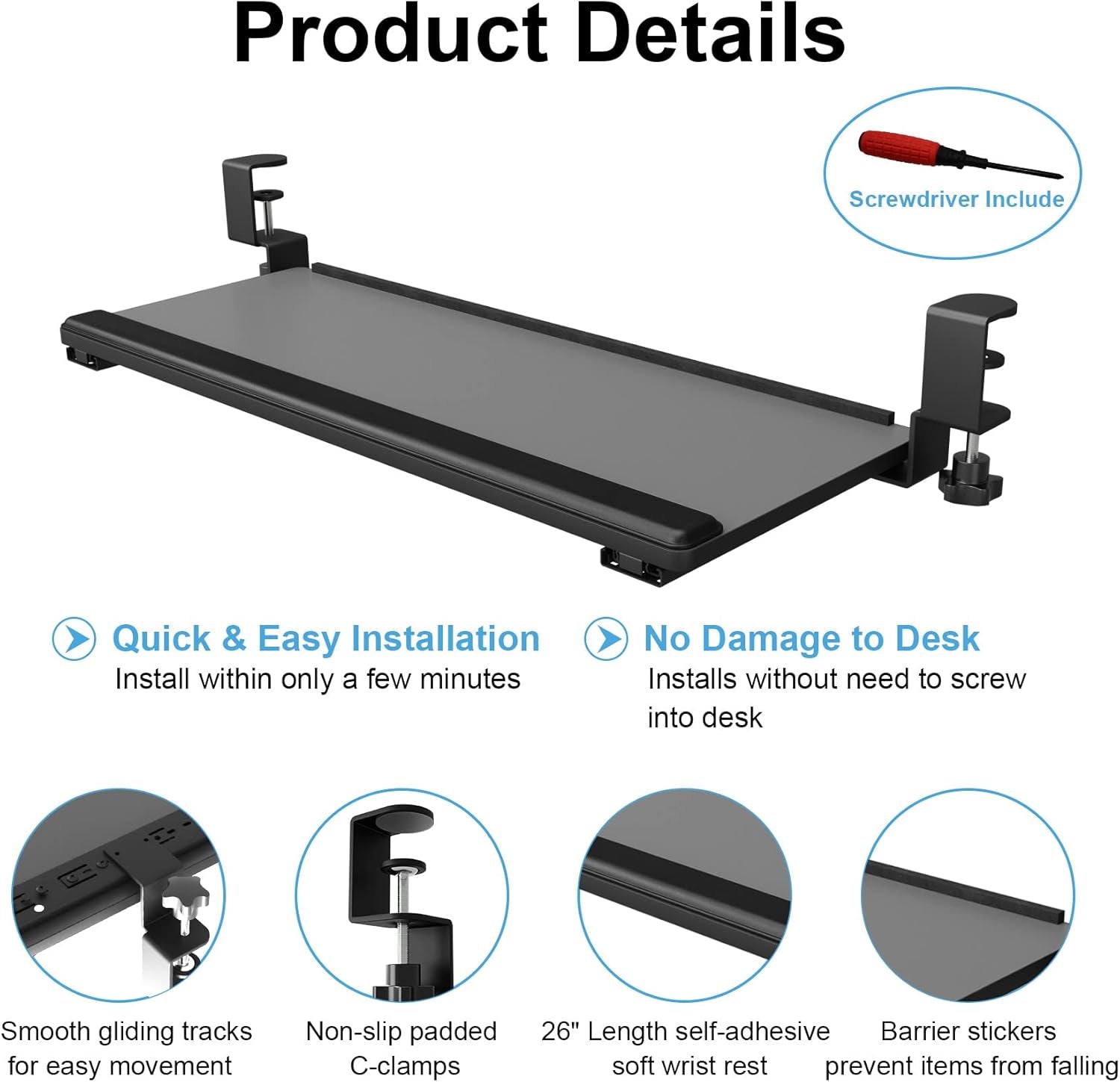 Keyboard Tray under Desk Slide Out,Keyboard Drawer Clamp on Keyboard Tray with Wrist Rest Keyboard Holder for Home Office School 26" (30" Including Clamps) X 10" Dark Gray